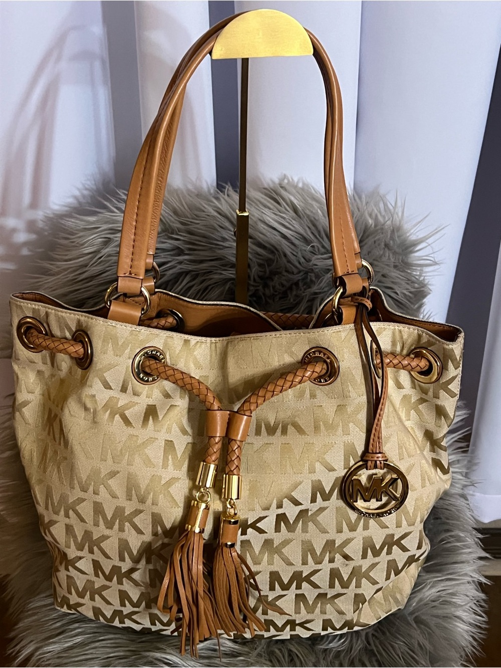 Michael Kors Tan & Cream Logo Drawstring Tote